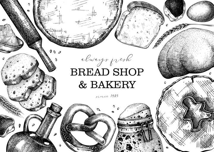 Vintage bakery shop background. Vector frame with baking ingredients, pastries, and bread sketches isolated on white. Hand drawn food illustration for bakery store, cafe menu, banner design.